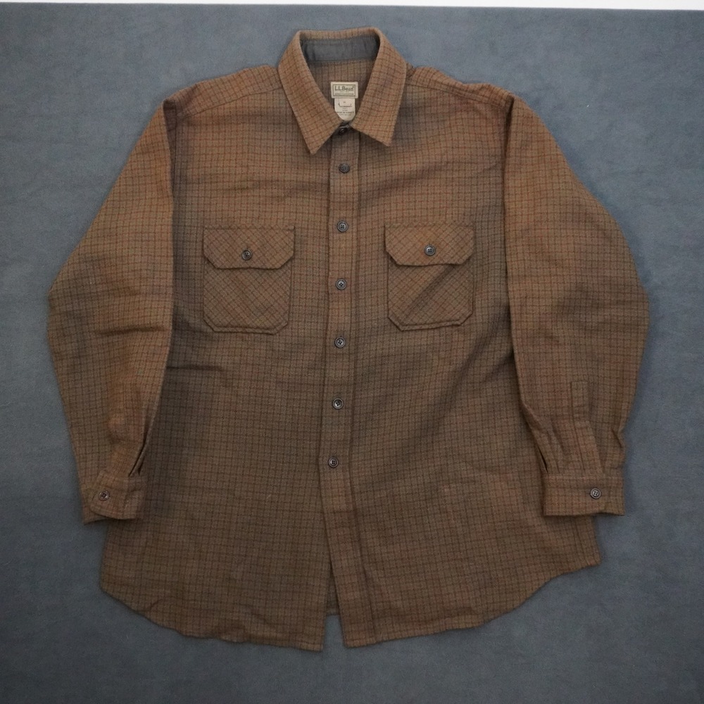 LL Bean Mens XL Wool Blend Plaid Button Down Shirt Brown Check OAS85 Regular